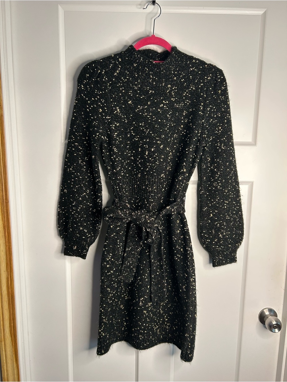Ann Taylor Small Petite Long Sleeve Sweater Dress Gray Black Belted 5570